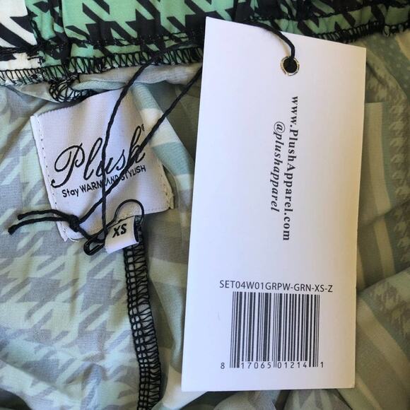 Plush Revolve green patchwork Silky Scrunchie pajama set NEW sz XS - Picture 10 of 12